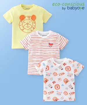 Babyoye 100% Organic Cotton with Eco Jiva Finish Half Sleeves Striped T-Shirt Lion Print Pack Of 3 - Yellow Orange & White