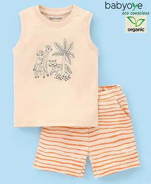 Babyoye 100% Organic Cotton with Eco Jiva Finish Sleeveless Tiger Printed T-Shirt & Striped Shorts - Peach & Orange