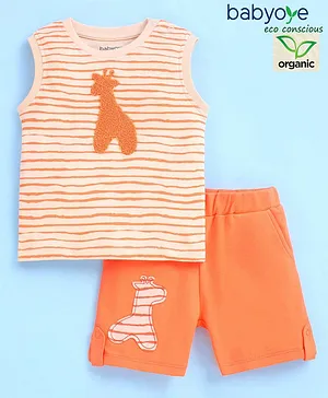Babyoye 100% Organic Cotton with Eco Jiva Finish Sleeveless Striped T-Shirt & Shorts - Orange