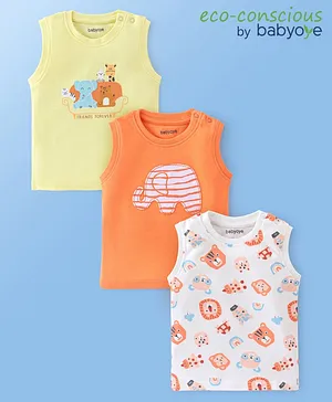 Babyoye 100% Organic Cotton with Eco Jiva Finish Sleeveless Elephant Print T-Shirts Pack of 3 - White Orange & Yellow