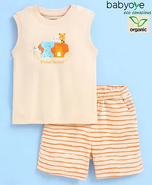 Babyoye 100% Organic Cotton with Eco Jiva Finish Sleeveless Wild Animals Print T-Shirt & Striped Shorts - Orange