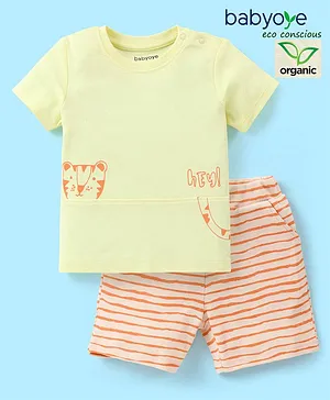 Babyoye 100% Organic Cotton with Eco Jiva Finish Half Sleeves Tiger Printed T-Shirt & Striped Shorts - Peach & Green