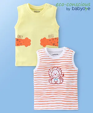 Babyoye  100% Organic Cotton with Eco Jiva Finish Placement Print Sleeveless T-Shirts Lion Embroidery - Red & Yellow