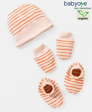 Babyoye 100% Organic Cotton with Eco Jiva Finish Stripe Cap Mittens & Booties Orange - Diameter 9.5 cm