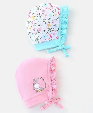 Babyhug 100% Cotton Caps Pack of 2 Floral & Bunny Print Multicolor - Diameter 12 cm