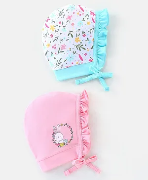 Babyhug 100% Cotton Caps Pack of 2 Floral & Bunny Print Multicolor - Diameter 14 cm