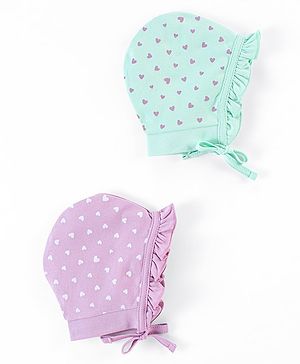 Babyhug 100% Cotton Cap Heart Print Pack of 2 Blue Purple - Diameter 12 cm