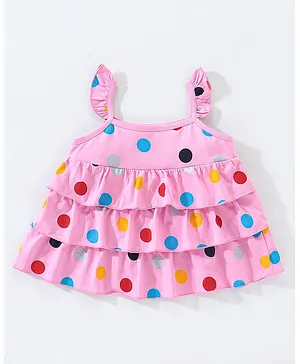 Babyhug 100% Cotton Knit Sleeveless Top With Frill Detailing And Polka Dots Print - Pink