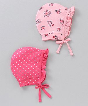 Babyhug 100% Cotton Cap Multi Print Pack of 2 Pink Red - Diameter 15 cm