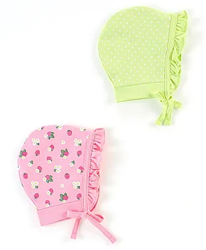 Babyhug 100% Cotton Caps Floral & Dot Print Pack of 2 Pink Green - Diameter 15.5 cm