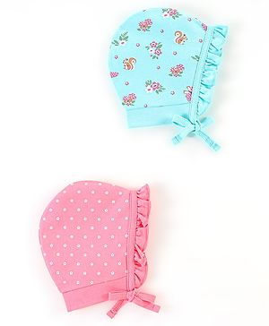 Babyhug 100% Cotton Caps Pack of 2 Floral & Squirrel Print Multicolor - Diameter 12 cm