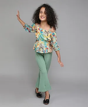 Taffy Full Cold Shoulder Sleeves Seamless Abstract Flower Printed Peplum Top With Flared Front Slit Pant - Green