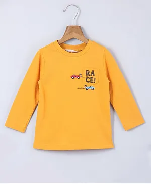 Beebay 100% Cotton Full Sleeves Race Car Pocked Placement Embroidered Tee - Yellow