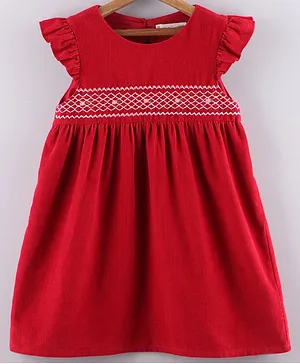 Beebay 100% Cotton Cap Sleeves Smocked Rose Embroidery Corduroy Dress - Red