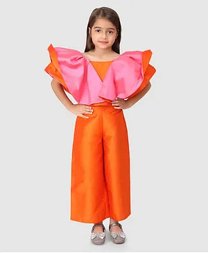 Jelly Jones Half Flutter Sleeves Flared Top & Culotte Set - Pink & Orange