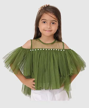 Jelly Jones Cold Shoulder Sleeves Pearl Embellished Gathered Net Top - Green