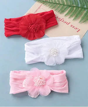 Babyhug Free Size Headbands With Floral Applique Pack of 3 - White Red & Light Pink