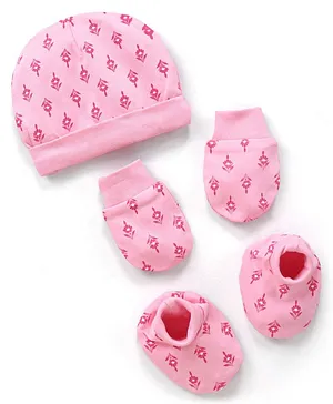 Earthy Touch 100% Cotton Knit Cap Mittens & Booties Set Floral Prints Pink - Cap Diameter 9.5 cm