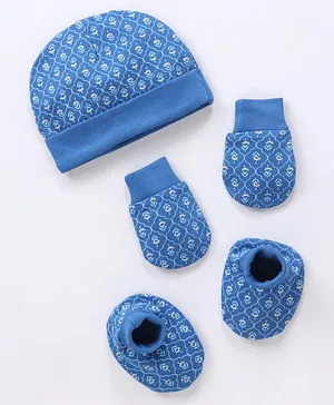 Earthy Touch Cotton Cap Mittens and Booties Floral Print Indigo - Diameter 10.5 cm