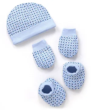 Earthy Touch 100% Cotton Knit Cap Mittens & Booties Set Geometrical Shapes Print Blue - Cap Diameter 9.5 cm