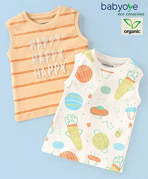 Babyoye 100% Organic Cotton with Eco Jiva Finish Sleeveless T-Shirt Stripes & Rocket Print Pack of 2 - Peach & White