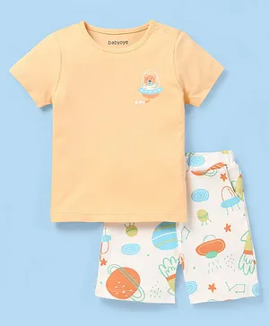 Babyoye 100% Organic Cotton With Eco Jiva Finish Half Sleeves T-Shirt and Short Set Planet Print- Orange