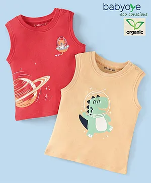 Babyoye 100% Organic Cotton with Eco Jiva Finish Sleeveless T-Shirt Dino Print Pack of 2 - Peach & Red