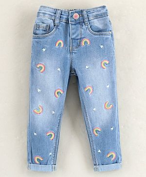 Babyhug Full Length Washed & Rain Embroidery Jeans - Blue