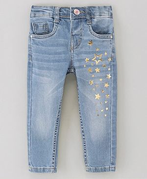 Babyhug Cotton Spandex Full Length Washed Denim Jeans Star Printed - Blue