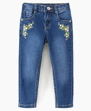 Babyhug Full Length Jeans with Floral Embroidery - Blue