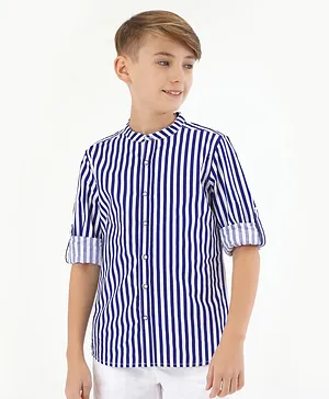 Primo Gino Cotton Full Sleeves Striped Shirt With Sleeve Turnup - Blue