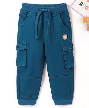 Babyhug Cotton Full Length Solid Stretchable Trousers With Badge- Navy Blue