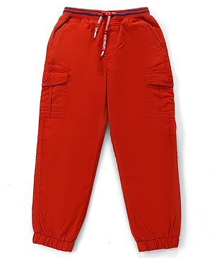 Babyhug 100% Cotton Woven Full Length Solid Joggers Pant - Red