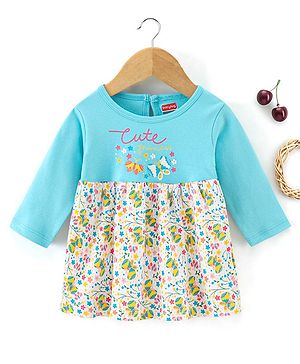 Babyhug 100% Cotton Full Sleeves Frock Butterfly Print - Sky Blue