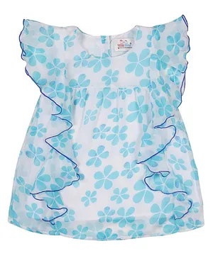 Young Birds Cap Flutter Sleeves Flower All Over Printed Top - Sea Blue & White