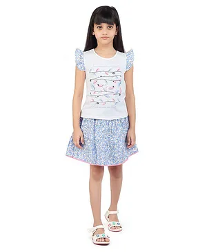 Frill Cap Sleeves Text & Leaf Printed Top With Seamless Flower Printed Flared Skirt - Blue