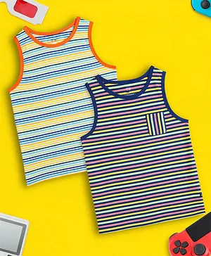 XY Life Pack Of 2 100% Combed Cotton 2X Softer Than Cotton Antimicrobial Finish High Moisture Absorption Sleeveless Striped Outer Vests - Blue Orange