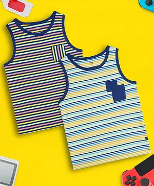 XY Life Pack Of 2 100% Combed Cotton 2X Softer Than Cotton Antimicrobial Finish High Moisture Absorption Sleeveless Striped Outer Vests - Blue