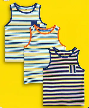 XY Life Pack Of 3 100% Combed Cotton 2X Softer Than Cotton Antimicrobial Finish High Moisture Absorption Sleeveless Striped Outer Vests - Blue Orange