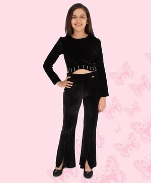 Cutecumber Full Sleeves Chenille Stone Embellished Crop Top With Bell Bottom Trousers - Black