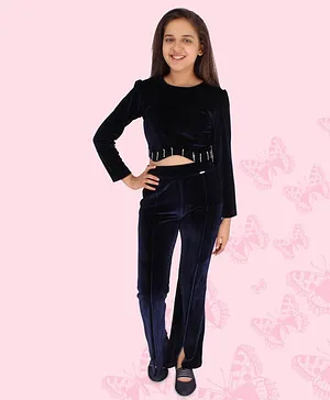 Cutecumber Full Sleeves Chenille Stone Embellished Crop Top With Bell Bottom Trousers - Navy Blue
