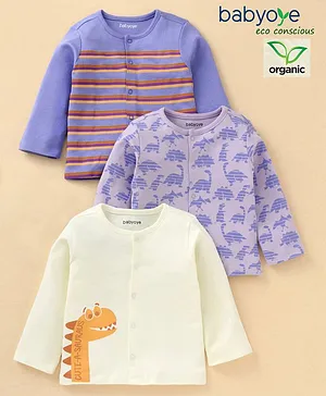 Babyoye 100% Cotton with Eco Jiva Finish Full Sleeves Striped Vests Dino Print Pack of 3 - Multicolor
