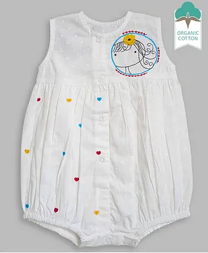 Keebee Organics Cotton Sleeveless Doll With Flower & Heart Placement Embroidered Onesie - White