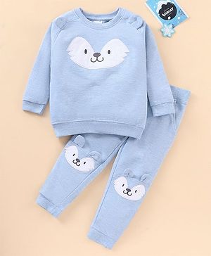 Babyhug Cotton Full Sleeves T-Shirt & Lounge Pants With Ear Applique & Animal Face Embroidery- Light Blue