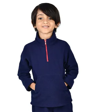 Nino Bambino Full Sleeves Recycled Polar Fleece Solid Front Pocket Sweatshirt - Navy Blue