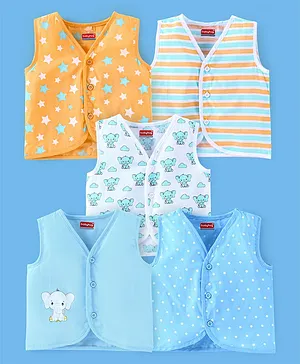 Babyhug 100% Cotton Front Open Jhabla Elephant Print Pack of 5 - Multicolour
