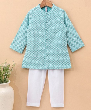Babyhug 100% Cotton Full Sleeves Embroidered Kurta and Pyjama Set - Aqua & White