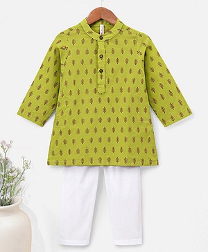 Babyhug 100% Cotton Full Sleeves Printed Kurta & Pyjama Set- Green