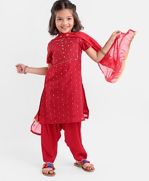 Babyhug Half Sleeves Embroidered Kurta & Chudidar Set with Dupatta - Red