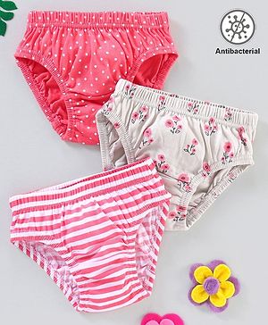 Babyhug 100% Cotton Knit Anti-Bacterial Panties Striped Floral & Polka Dots Print Pack of 3 - Pink Grey